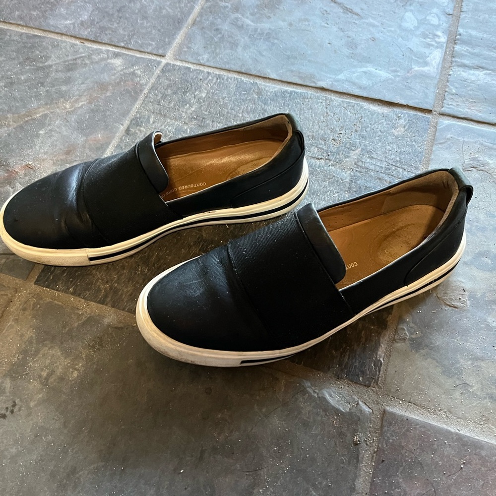 Clarks Black and White Women's Slip-On Loafers